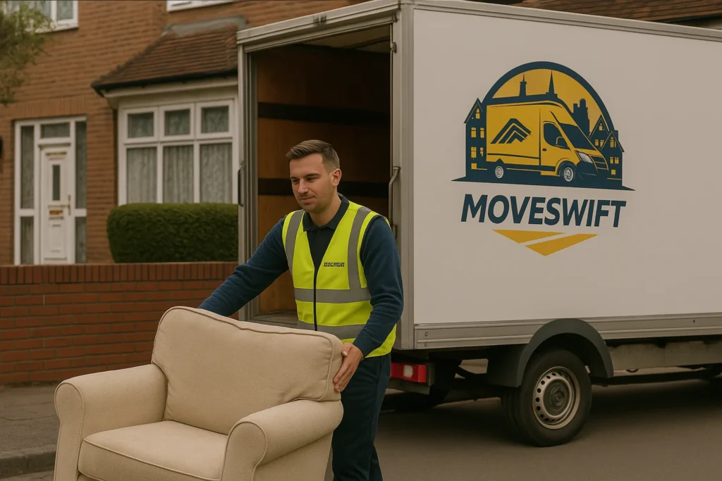 MoveSwift team loading an old sofa into a branded white van for residential furniture removal in Plymouth